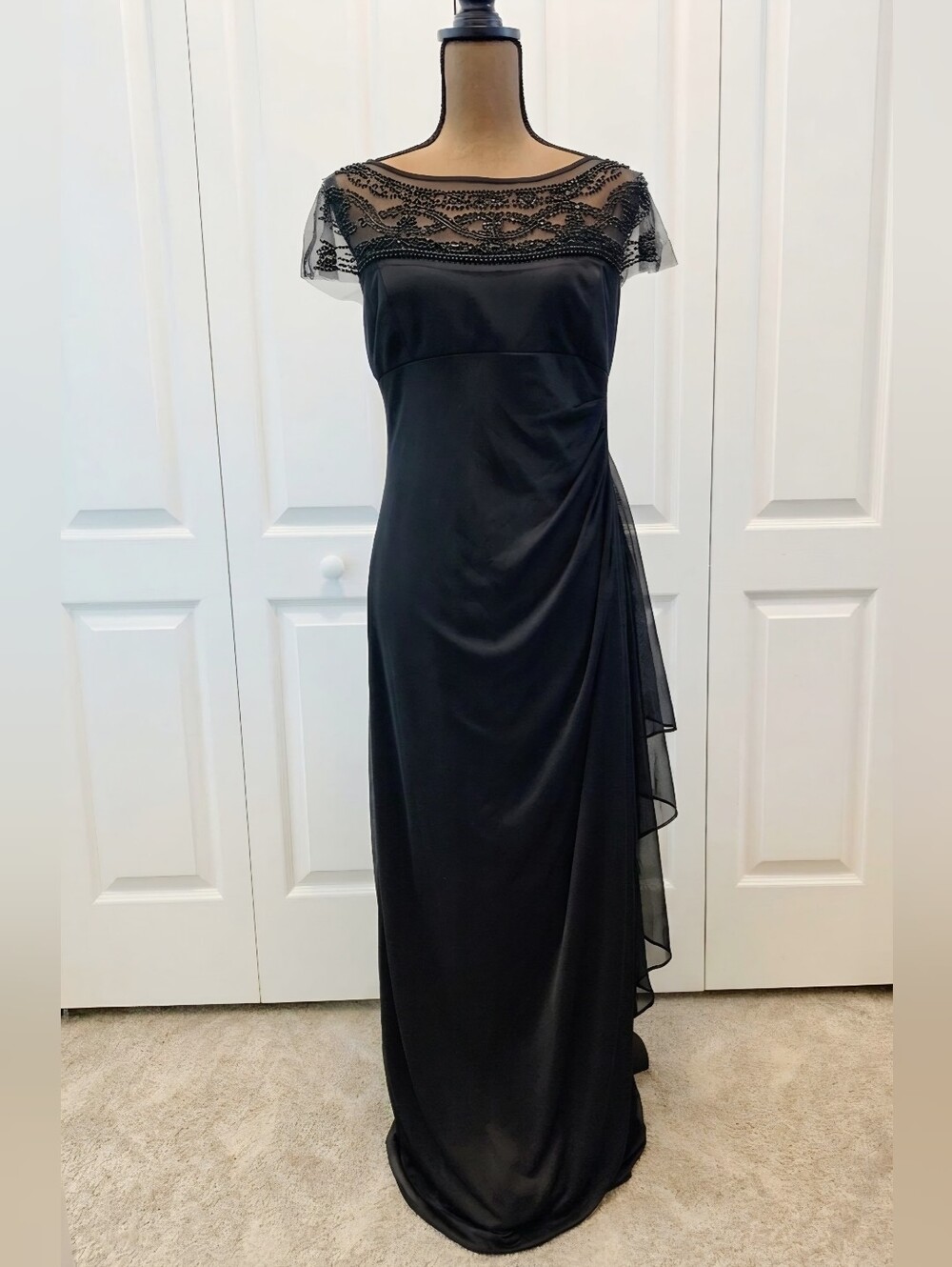 Vintage R&M Richards LBD Beaded Illusion Neck Gown Black Cascading Formal 10P